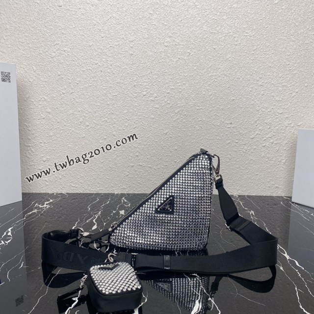 Prada專櫃新款閃鑽三角包 1BH190 普拉達閃鑽幾何圖案單肩斜挎女包 csp1033
